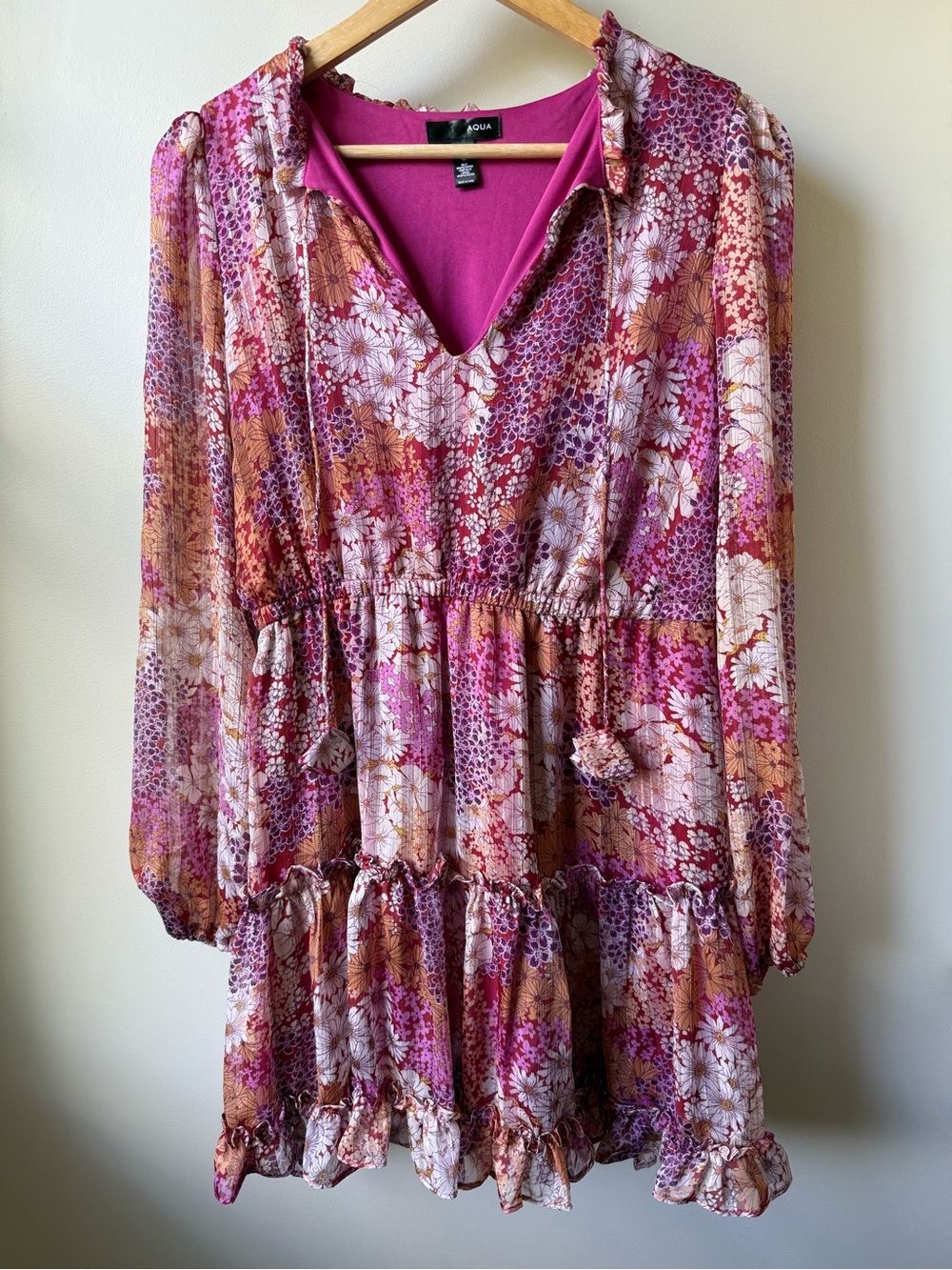 AQUA Tiered Floral Metallic Mini Dress Boho Romantic Babydoll Fairycore M